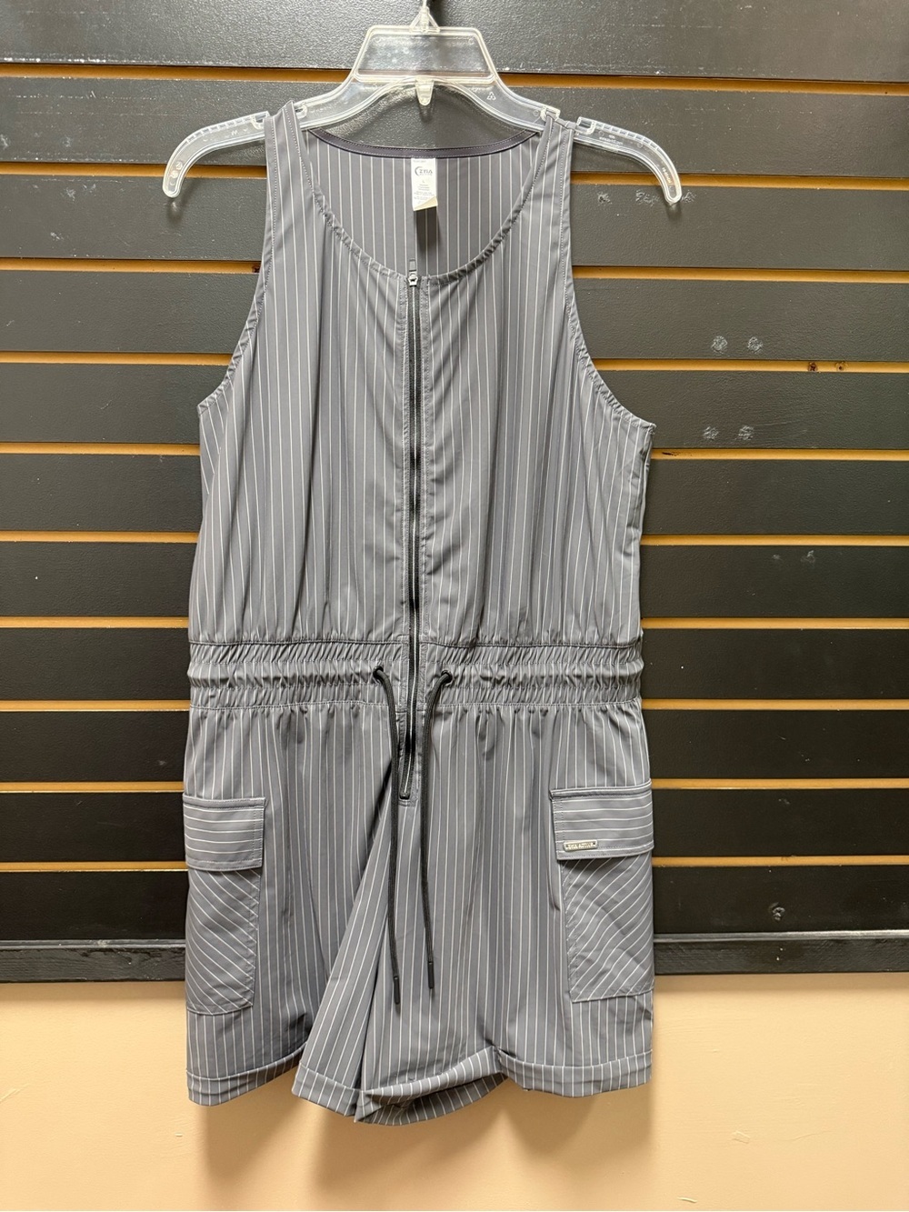 Zyia Active Gray Pinstripe Utility Romper size  Large Zip Front Cargo Athleisure